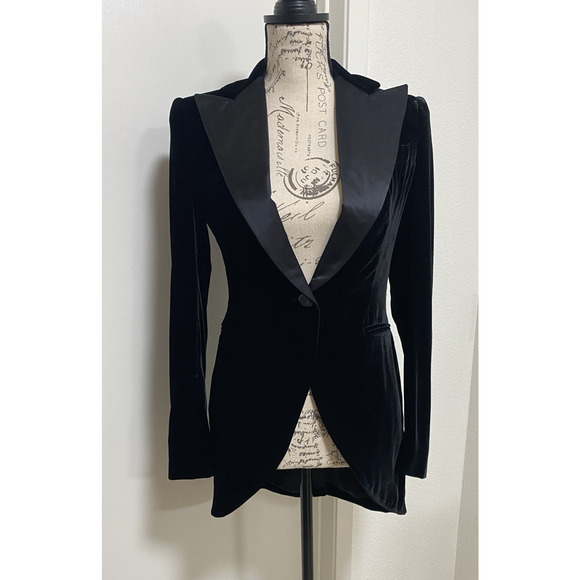Ralph Lauren Jacket Womens 2 Black Velour Tailcoat Ducktail Silk Blend Lapel